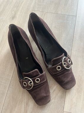 PRADA Brown Suede Buckle Pumps